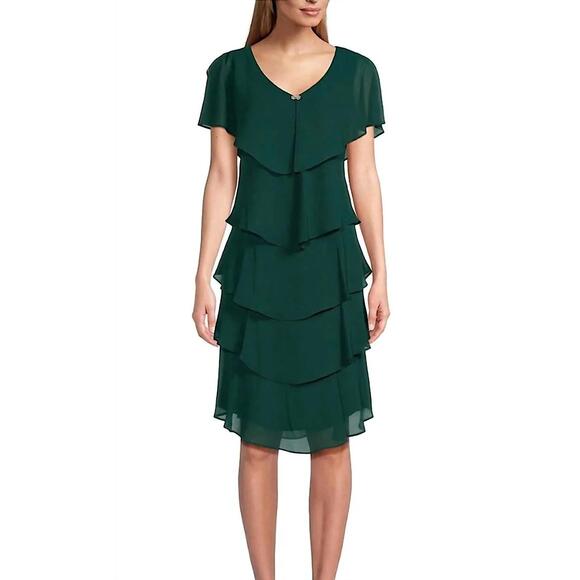 NEW SLNY georgette tiered capelet dress in pine - Picture 1 of 4